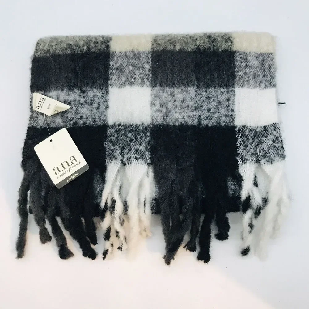 NWT a.n.a. A New Approach SOFT Plaid Scarf Black Gray White 80 inch plus Fringe